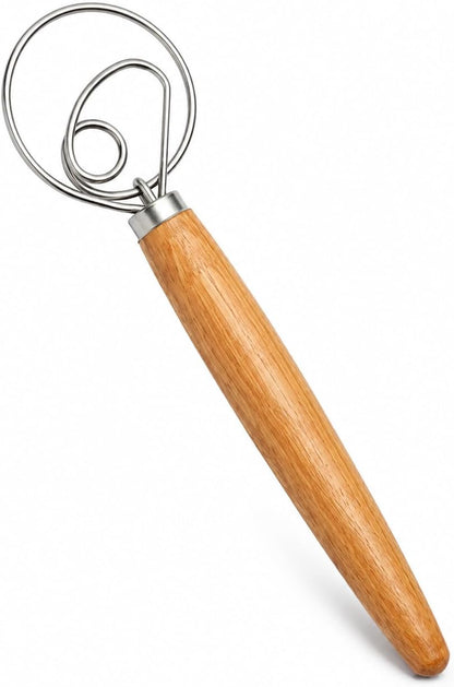 Sourdough Whisk, 13 Inch Danish Dough Whisk with Wooden Handle - Stainless Steel Dough Whisk for Bread, Pizza Dough, Pastry, Batters & Sourdough Starter