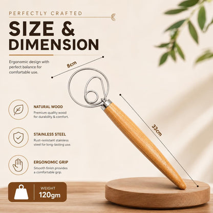 Sourdough Whisk, 13 Inch Danish Dough Whisk with Wooden Handle - Stainless Steel Dough Whisk for Bread, Pizza Dough, Pastry, Batters & Sourdough Starter