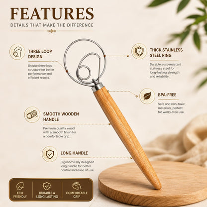 Sourdough Whisk, 13 Inch Danish Dough Whisk with Wooden Handle - Stainless Steel Dough Whisk for Bread, Pizza Dough, Pastry, Batters & Sourdough Starter