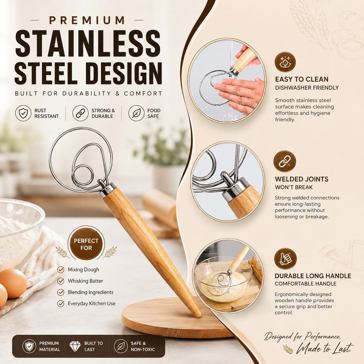 Sourdough Whisk, 13 Inch Danish Dough Whisk with Wooden Handle - Stainless Steel Dough Whisk for Bread, Pizza Dough, Pastry, Batters & Sourdough Starter