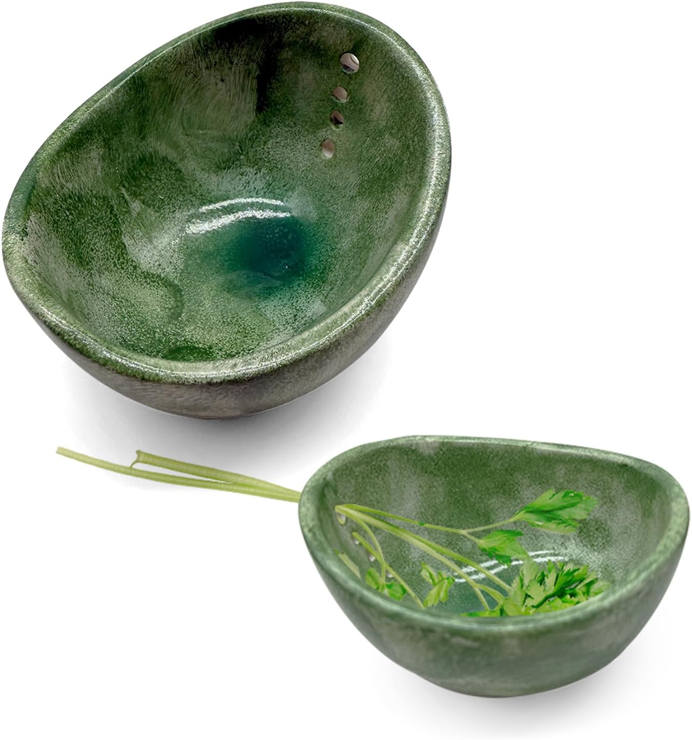 Pottery Ceramic Herb Stripper Bowl with Different Hole Sizes for Separating Leaves and Stems, Green
