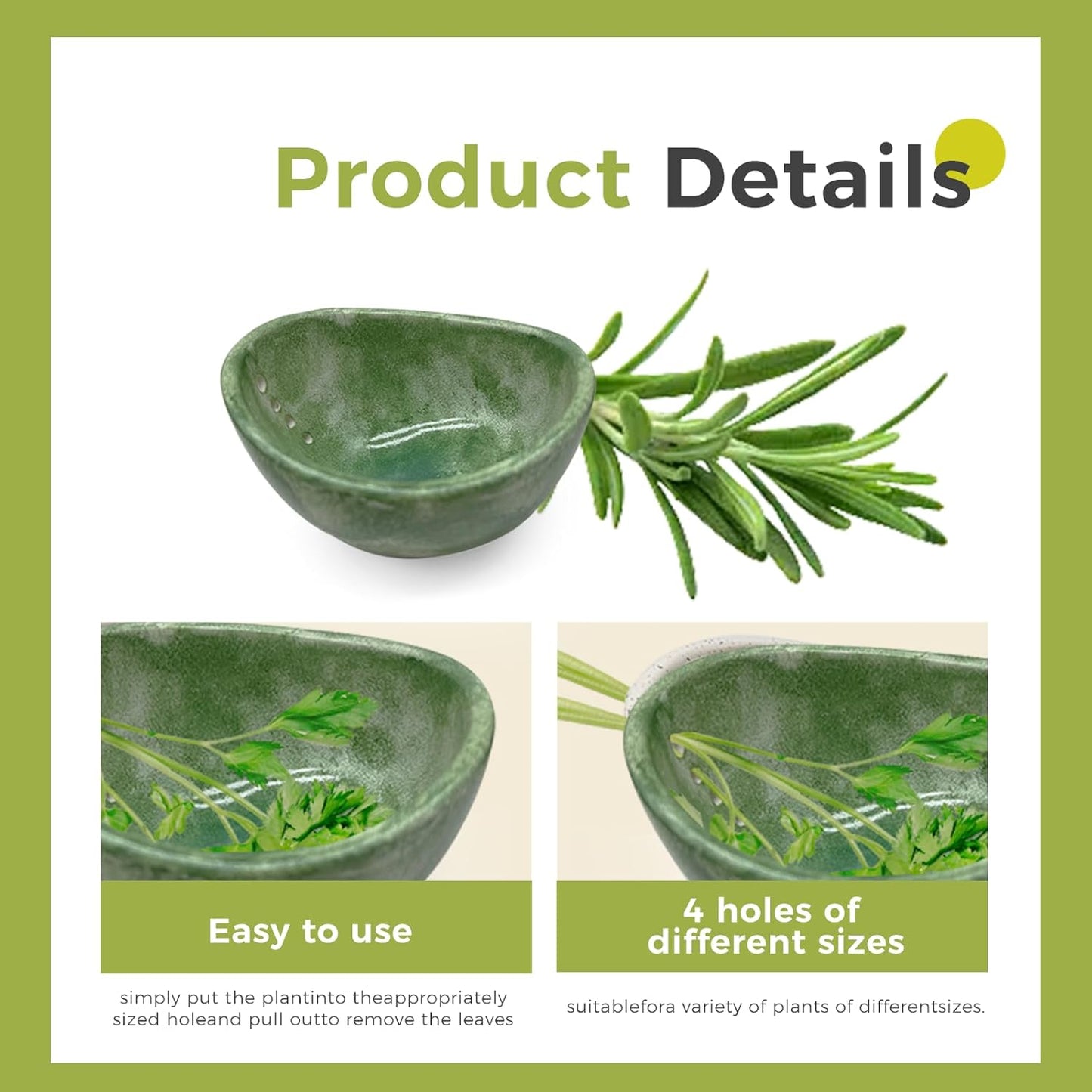 Pottery Ceramic Herb Stripper Bowl with Different Hole Sizes for Separating Leaves and Stems, Green