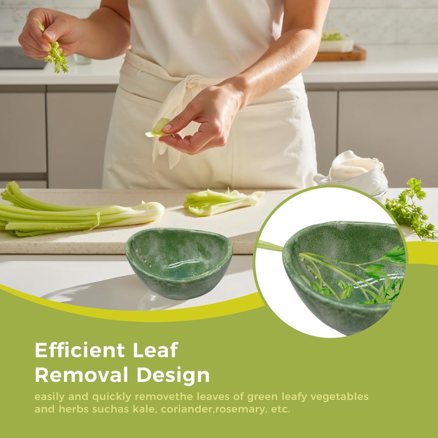 Pottery Ceramic Herb Stripper Bowl with Different Hole Sizes for Separating Leaves and Stems, Green