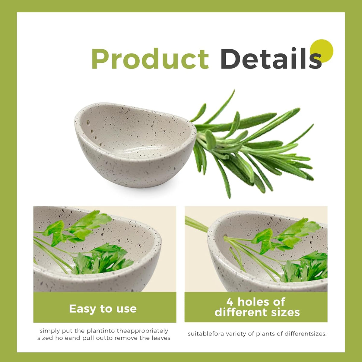 Pottery Ceramic Herb Stripper Bowl with Different Hole Sizes for Separating Leaves and Stems, Green