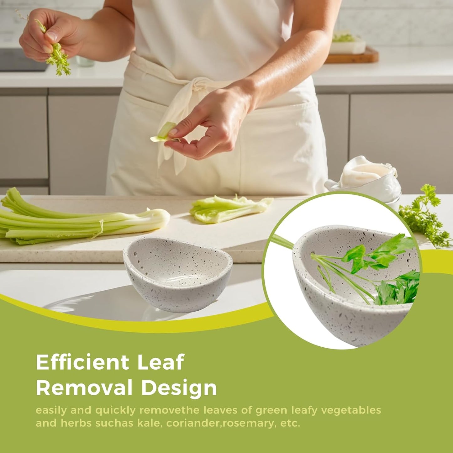 Pottery Ceramic Herb Stripper Bowl with Different Hole Sizes for Separating Leaves and Stems, Green