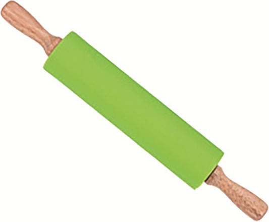 Silicone Rolling Pin, Green 9 Inch Pin with Wooden Rotatable Handle for Dough of Baking Bread, Cookie, Pizza (green, 9 inch)