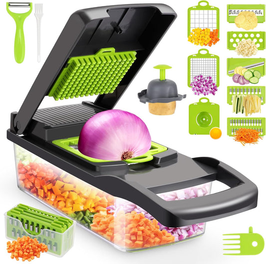 Vegetable Chopper, Multifunctional 13-in-1 Food Choppers Onion Chopper Vegetable Slicer Cutter Dicer Veggie chopper with 8 Blades,Colander Basket,Container for Salad Potato Carrot Garlic