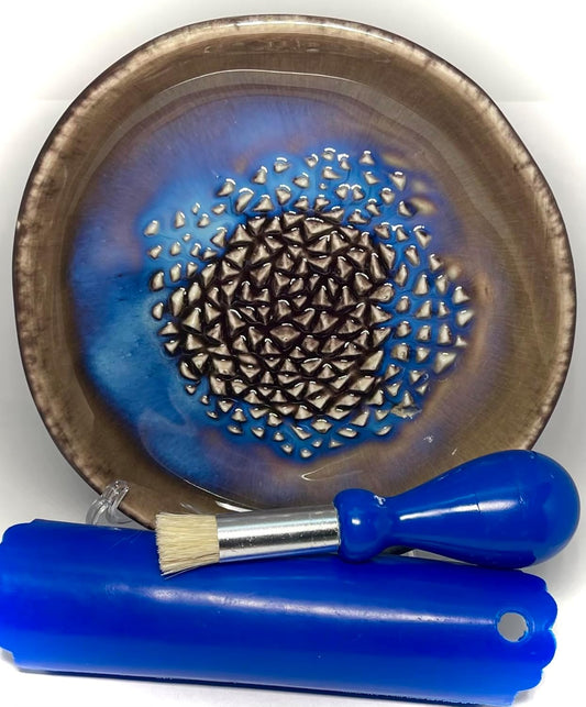 Premium Ceramic Garlic Grater Plate Set - Brown Milkyway Glazed | Includes 5.25" Plate, Peeler, Brush, and Stand - For Strawberries, Ginger, Chocolate, Cheese, and more - Make your own puree!