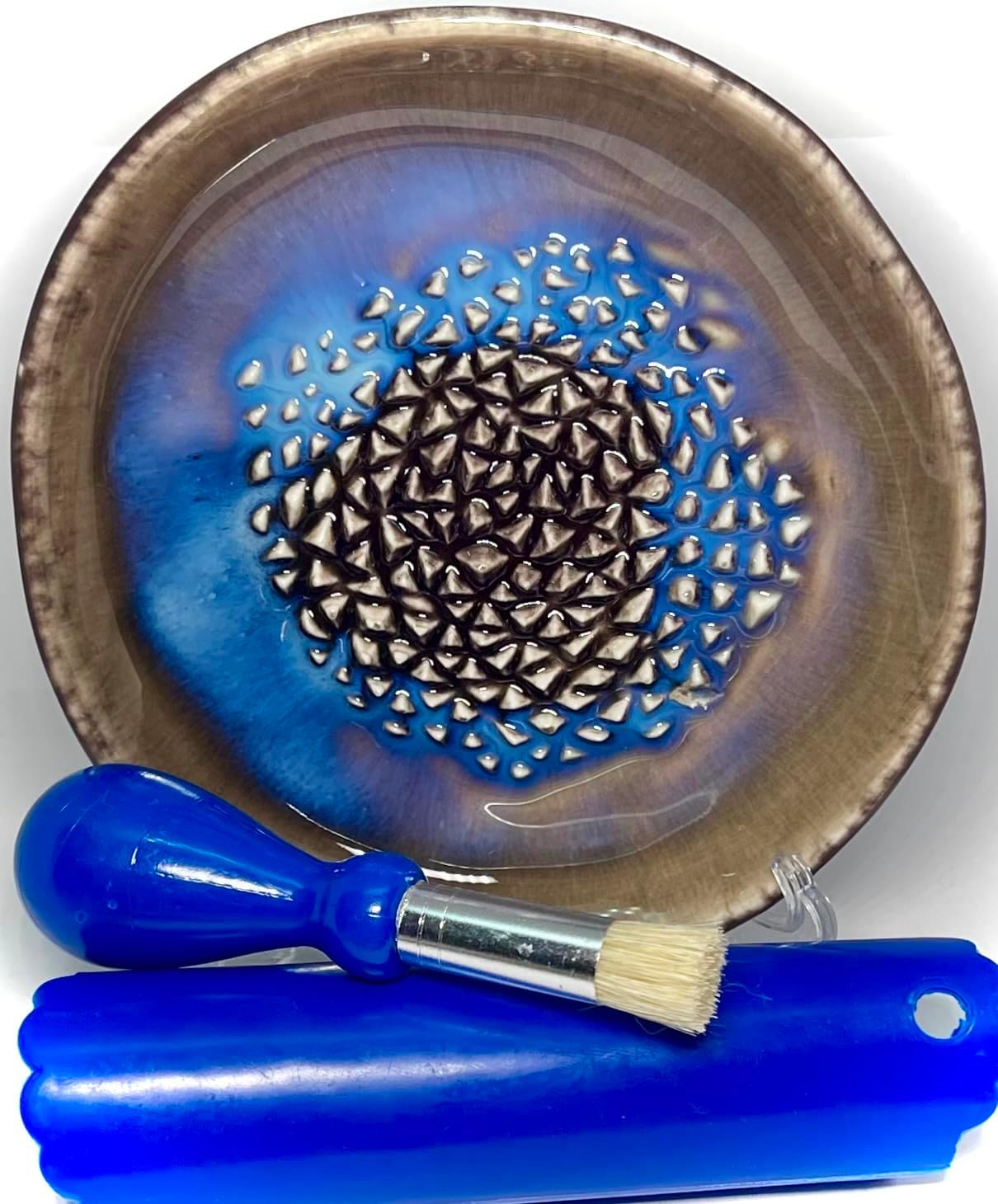 Premium Ceramic Garlic Grater Plate Set - Brown Milkyway Glazed | Includes 5.25" Plate, Peeler, Brush, and Stand - For Strawberries, Ginger, Chocolate, Cheese, and more - Make your own puree!