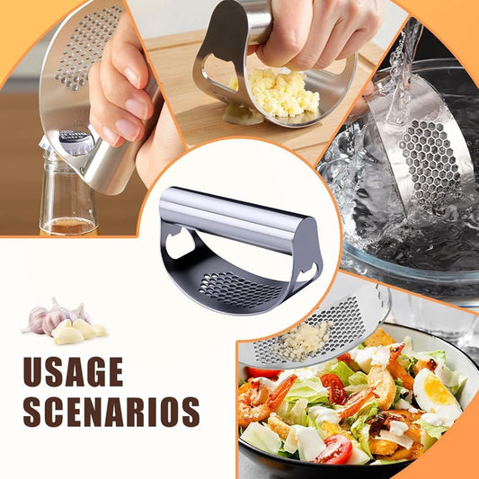 Garlic Press Rocker, Stainless Steel Garlic Crusher Portable Manual Heavy Duty Garlics Mincer, Garlics Chopper with Peeler & Scraper, Easy Kitchen Gadget for Effortless Smashing (Sliver)