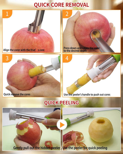 2 in 1 Apple Corer and Peeler Tool, Fruit Vegetable Corer and Peeler Tool Stainless Steel Apple Peeler Apple Corer Remover Tool Multifunction Corer Tool for Vegetable Fruit Kitchen Gadget (Red)