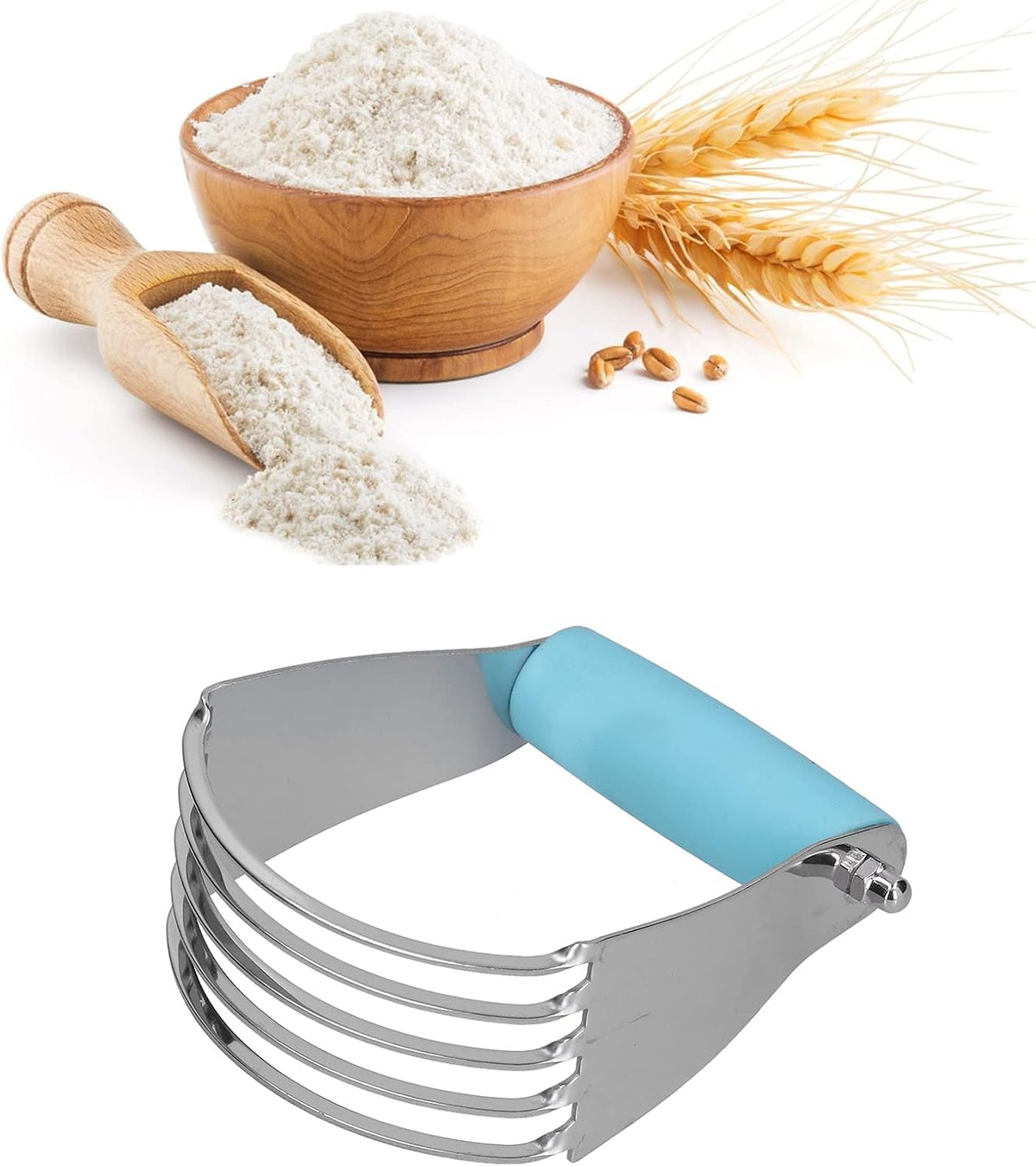 Dough Blender, Stainless Steel Pastry Cutter, Dough Cutter With 5 Blades, Professional Pastry Cutter Mixer, Stainless Steel Dough Masher for Butter, Biscuit, Baking, Kneading, Dough, Flakier(Wood)