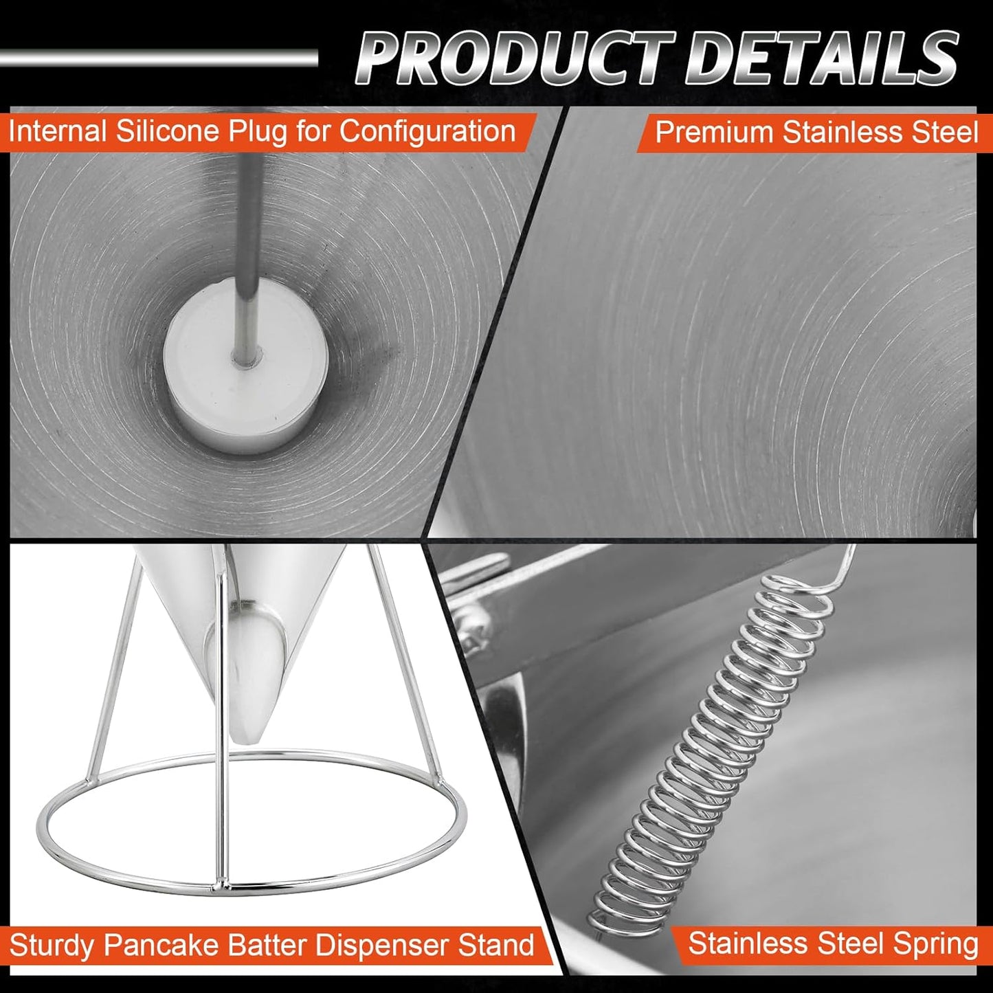 40OZ Stainless Steel Pancake Batter Dispenser, Multi-Caliber Funnel Cake Dispenser with Stand, Fit for Pancakes, Cupcakes, Waffles, and Baked Goods (1200ML/40OZ with 4PCS Silicone Nozzles)