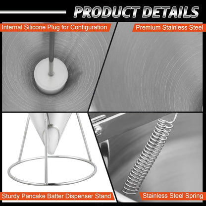 40OZ Stainless Steel Pancake Batter Dispenser, Multi-Caliber Funnel Cake Dispenser with Stand, Fit for Pancakes, Cupcakes, Waffles, and Baked Goods (1200ML/40OZ with 4PCS Silicone Nozzles)