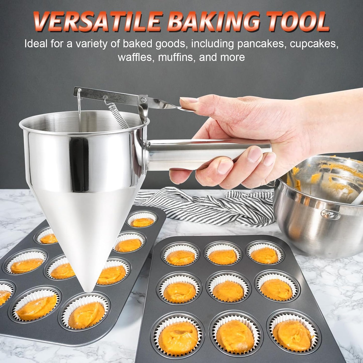 40OZ Stainless Steel Pancake Batter Dispenser, Multi-Caliber Funnel Cake Dispenser with Stand, Fit for Pancakes, Cupcakes, Waffles, and Baked Goods (1200ML/40OZ with 4PCS Silicone Nozzles)