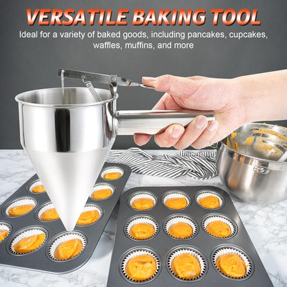40OZ Stainless Steel Pancake Batter Dispenser, Multi-Caliber Funnel Cake Dispenser with Stand, Fit for Pancakes, Cupcakes, Waffles, and Baked Goods (1200ML/40OZ with 4PCS Silicone Nozzles)