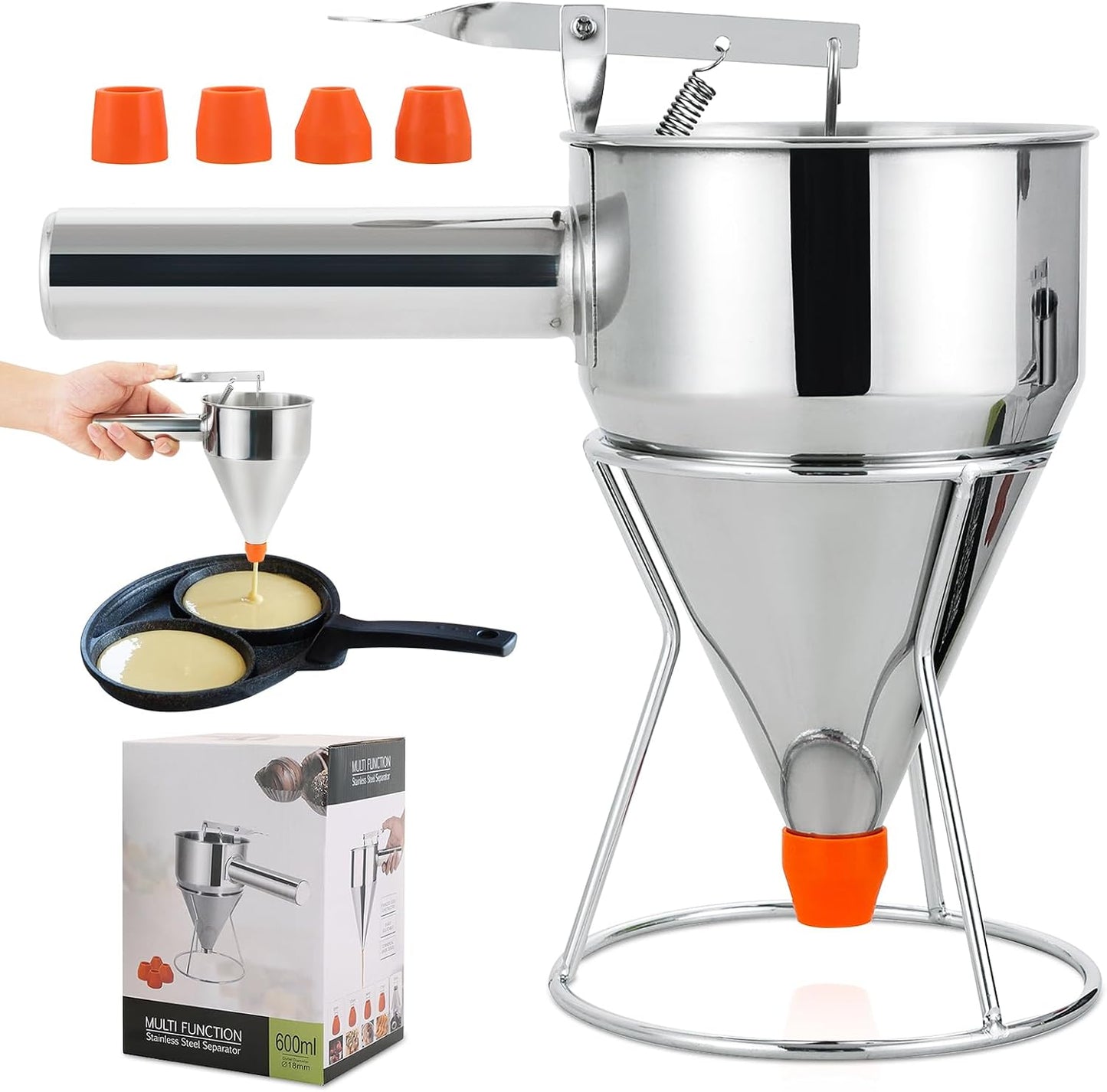 40OZ Stainless Steel Pancake Batter Dispenser, Multi-Caliber Funnel Cake Dispenser with Stand, Fit for Pancakes, Cupcakes, Waffles, and Baked Goods (1200ML/40OZ with 4PCS Silicone Nozzles)