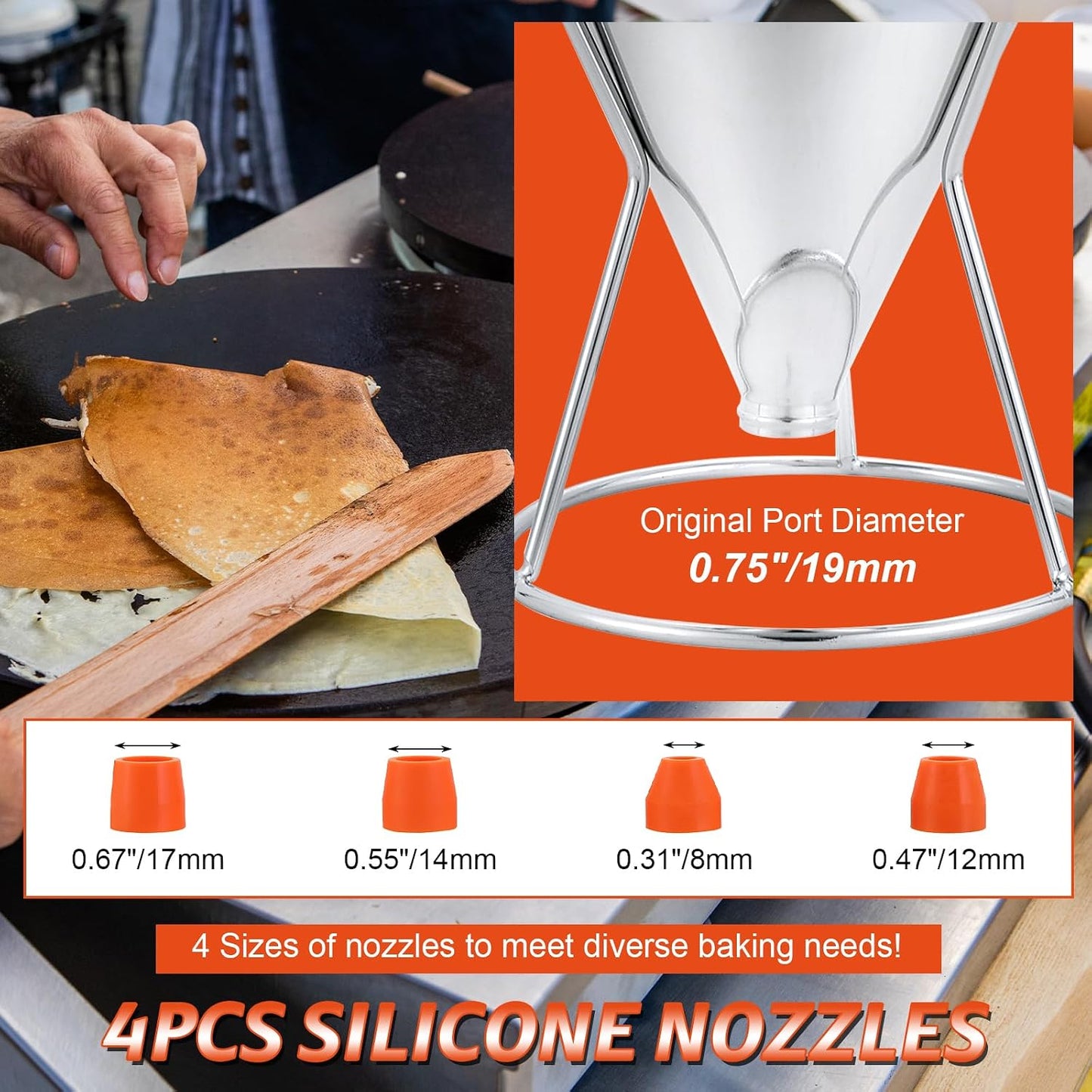 40OZ Stainless Steel Pancake Batter Dispenser, Multi-Caliber Funnel Cake Dispenser with Stand, Fit for Pancakes, Cupcakes, Waffles, and Baked Goods (1200ML/40OZ with 4PCS Silicone Nozzles)