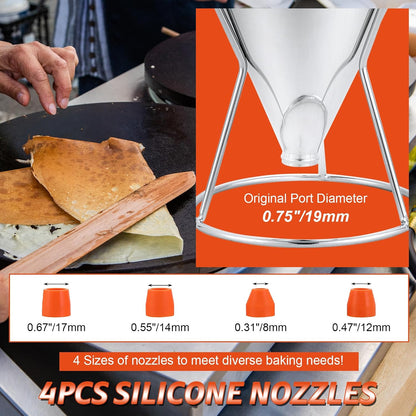 40OZ Stainless Steel Pancake Batter Dispenser, Multi-Caliber Funnel Cake Dispenser with Stand, Fit for Pancakes, Cupcakes, Waffles, and Baked Goods (1200ML/40OZ with 4PCS Silicone Nozzles)