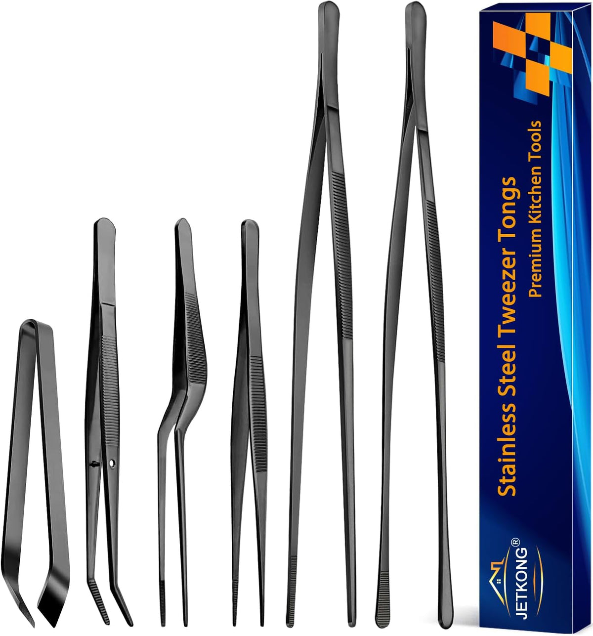 6 Pcs Cooking Tweezer Tongs, 12'' and 6.3" Stainless Steel Kitchen Tweezer Set, Professional Chef Tweezers for Cooking, Repairing, Sea Food, BBQ, Multi-use (Black)