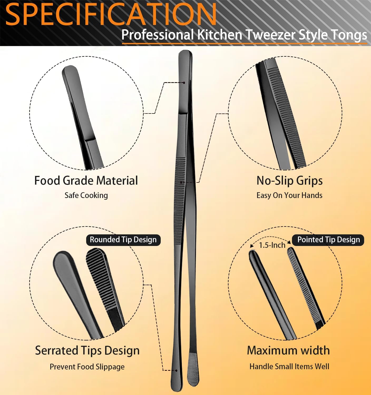 6 Pcs Cooking Tweezer Tongs, 12'' and 6.3" Stainless Steel Kitchen Tweezer Set, Professional Chef Tweezers for Cooking, Repairing, Sea Food, BBQ, Multi-use (Black)