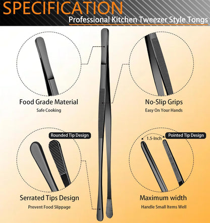 6 Pcs Cooking Tweezer Tongs, 12'' and 6.3" Stainless Steel Kitchen Tweezer Set, Professional Chef Tweezers for Cooking, Repairing, Sea Food, BBQ, Multi-use (Black)