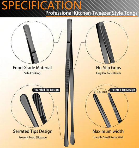 6 Pcs Cooking Tweezer Tongs, 12'' and 6.3" Stainless Steel Kitchen Tweezer Set, Professional Chef Tweezers for Cooking, Repairing, Sea Food, BBQ, Multi-use (Black)