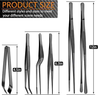 6 Pcs Cooking Tweezer Tongs, 12'' and 6.3" Stainless Steel Kitchen Tweezer Set, Professional Chef Tweezers for Cooking, Repairing, Sea Food, BBQ, Multi-use (Black)