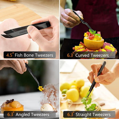 6 Pcs Cooking Tweezer Tongs, 12'' and 6.3" Stainless Steel Kitchen Tweezer Set, Professional Chef Tweezers for Cooking, Repairing, Sea Food, BBQ, Multi-use (Black)
