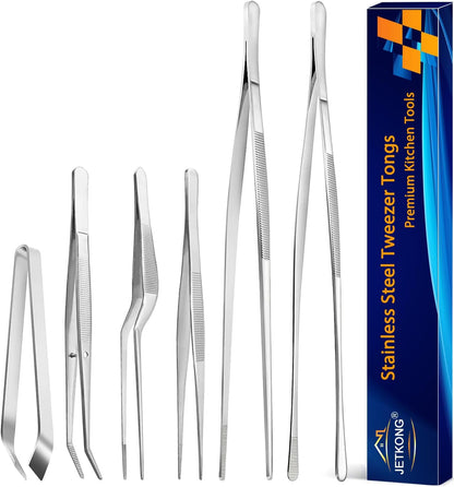 6 Pcs Cooking Tweezer Tongs, 12'' and 6.3" Stainless Steel Kitchen Tweezer Set, Professional Chef Tweezers for Cooking, Repairing, Sea Food, BBQ, Multi-use (Black)