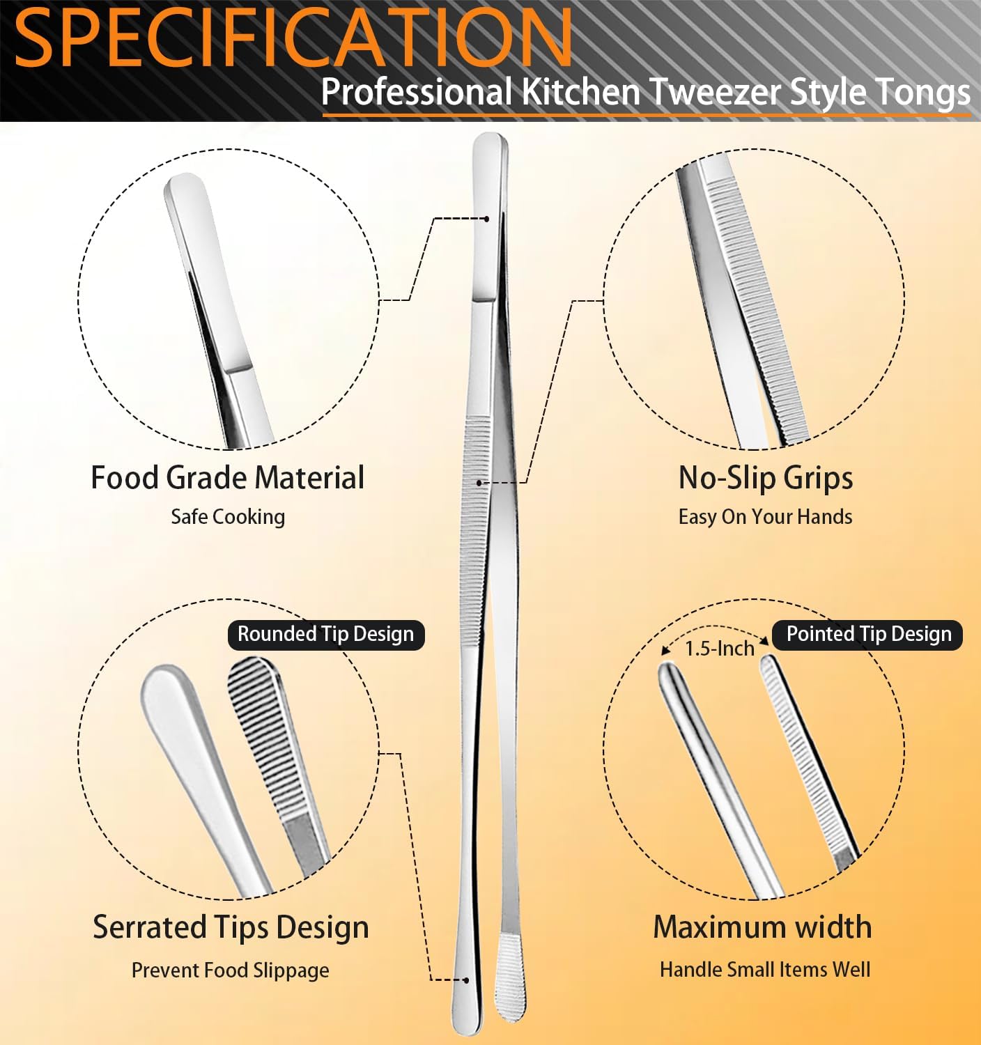 6 Pcs Cooking Tweezer Tongs, 12'' and 6.3" Stainless Steel Kitchen Tweezer Set, Professional Chef Tweezers for Cooking, Repairing, Sea Food, BBQ, Multi-use (Black)