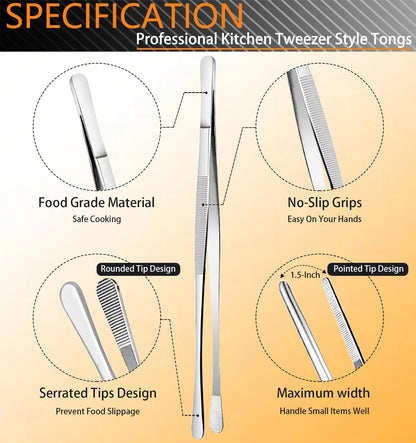 6 Pcs Cooking Tweezer Tongs, 12'' and 6.3" Stainless Steel Kitchen Tweezer Set, Professional Chef Tweezers for Cooking, Repairing, Sea Food, BBQ, Multi-use (Black)