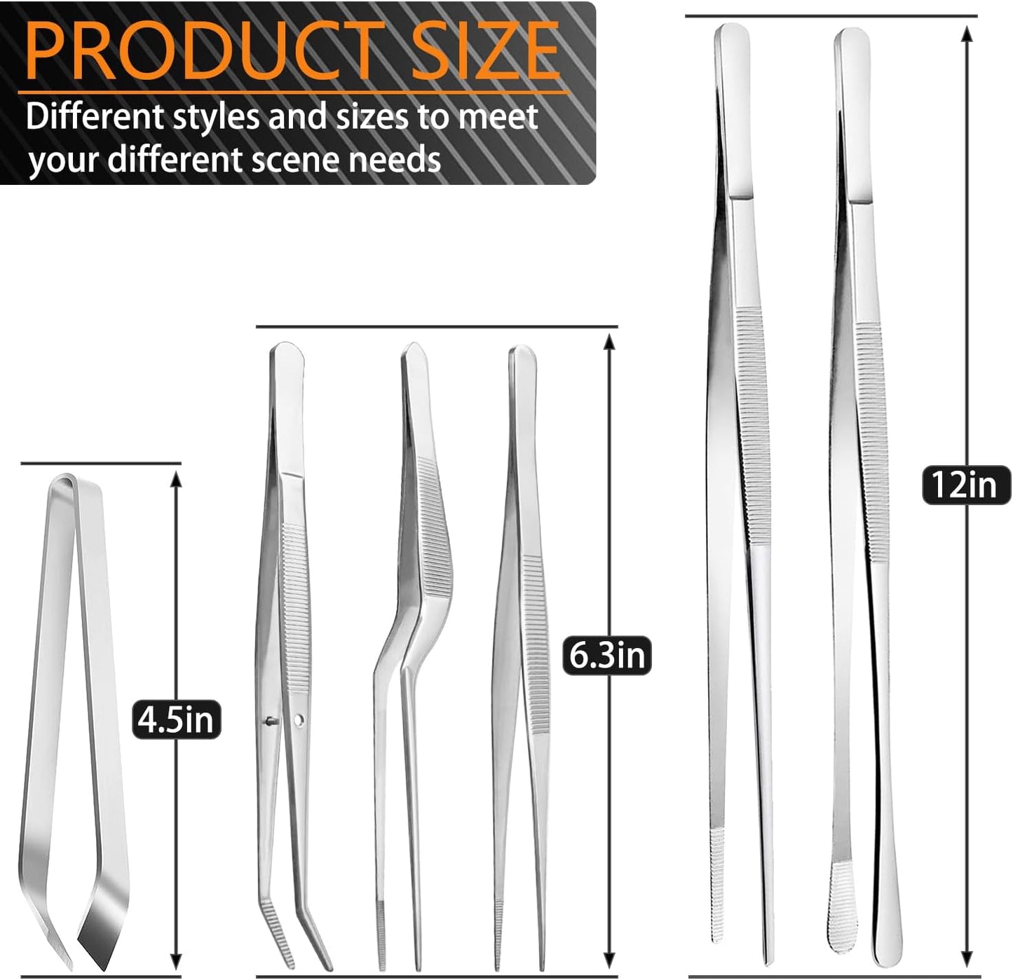 6 Pcs Cooking Tweezer Tongs, 12'' and 6.3" Stainless Steel Kitchen Tweezer Set, Professional Chef Tweezers for Cooking, Repairing, Sea Food, BBQ, Multi-use (Black)