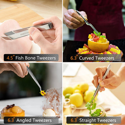 6 Pcs Cooking Tweezer Tongs, 12'' and 6.3" Stainless Steel Kitchen Tweezer Set, Professional Chef Tweezers for Cooking, Repairing, Sea Food, BBQ, Multi-use (Black)