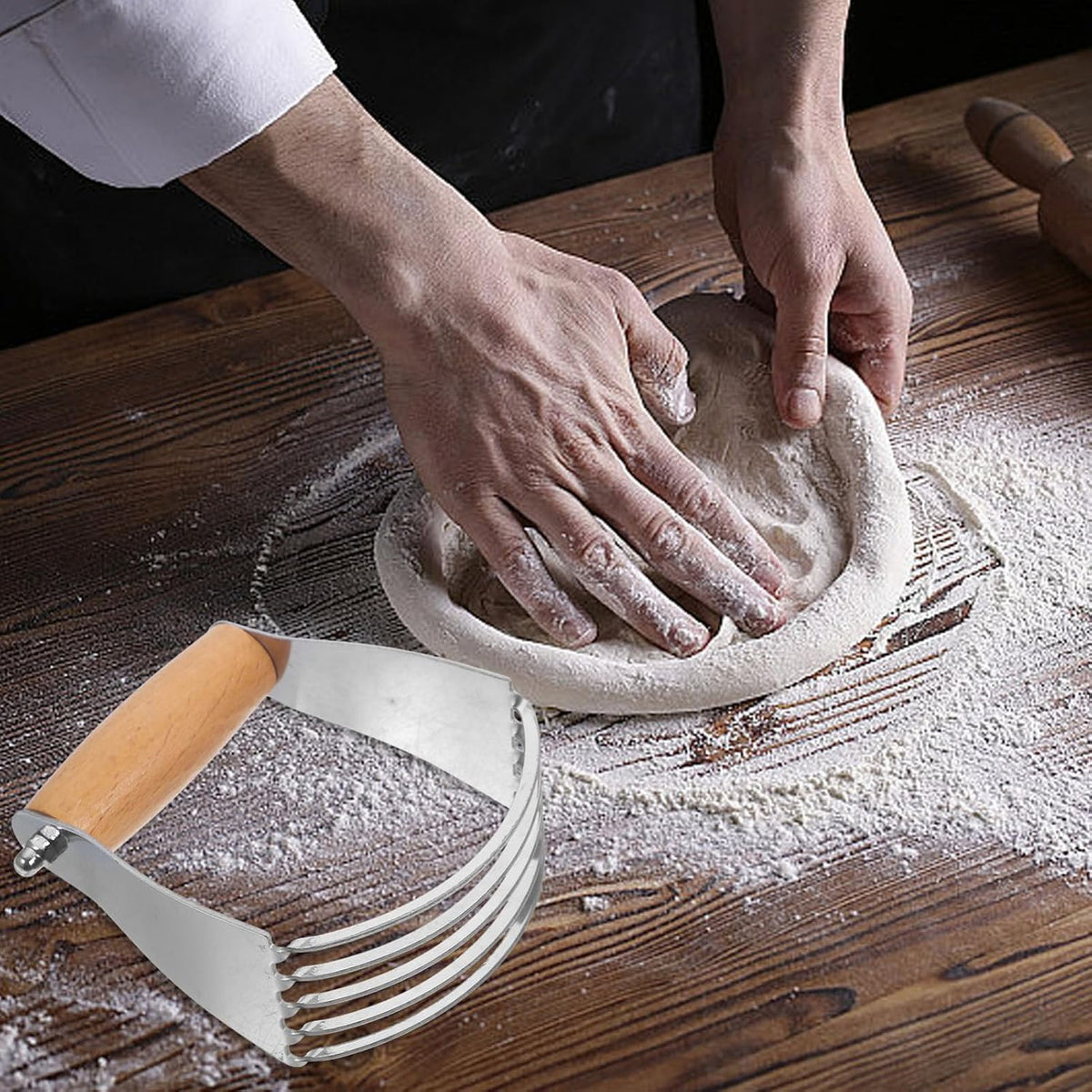 Stainless Steel Dough Mixer Wooden Handle for Baking