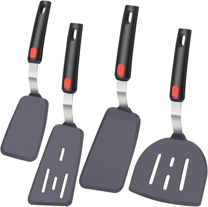 KLAQQED 4Pcs Spatula Silicone Heat Resistant Flexible Rubber Silicone Spatulas for Nonstick Cookware, Burger Pancake Spatula Turner Large Spatulas Set for Cooking Kitchen Utensils Set Black