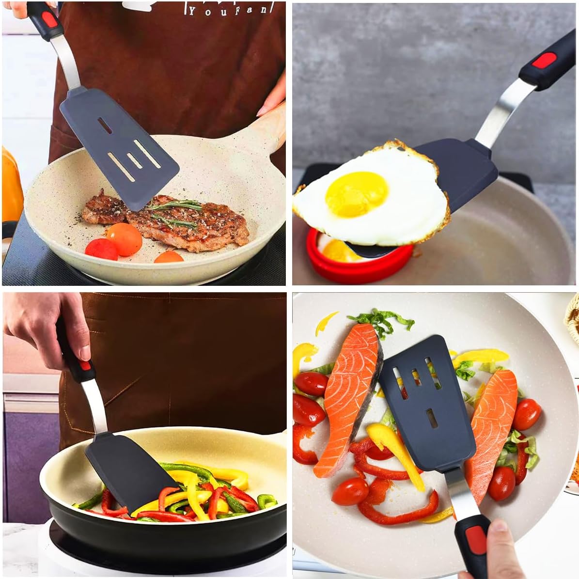 KLAQQED 4Pcs Spatula Silicone Heat Resistant Flexible Rubber Silicone Spatulas for Nonstick Cookware, Burger Pancake Spatula Turner Large Spatulas Set for Cooking Kitchen Utensils Set Black