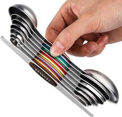 Set of 7 Stainless Steel Magnetic Measuring Spoons Set with Leveler - Stackable Tablespoon Measure Spoon for Baking and Cooking, Kitchen Gadgets for Apartment Essentials (Multicolor)