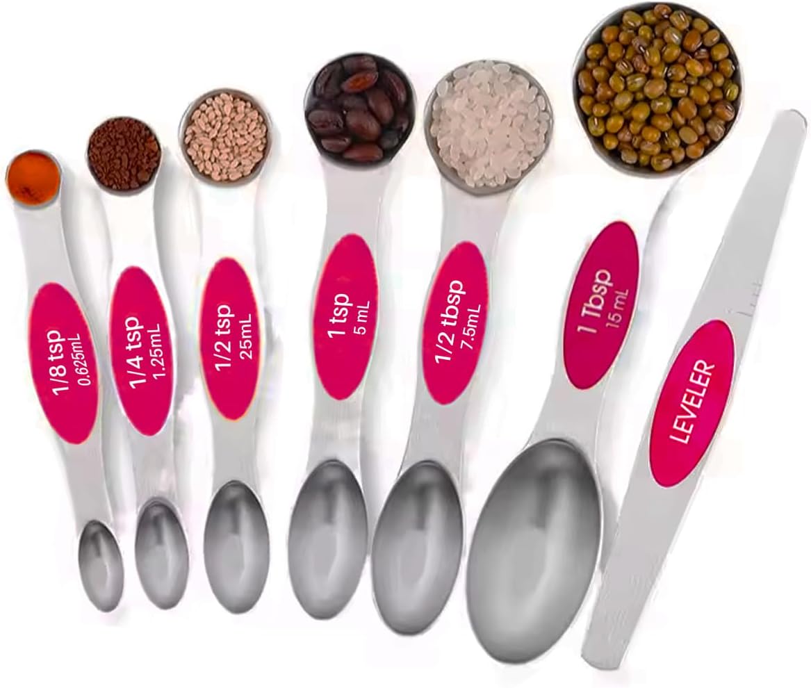 Set of 7 Stainless Steel Magnetic Measuring Spoons Set with Leveler - Stackable Tablespoon Measure Spoon for Baking and Cooking, Kitchen Gadgets for Apartment Essentials (Multicolor)