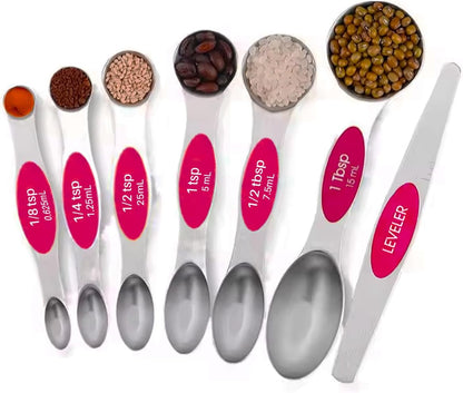 Set of 7 Stainless Steel Magnetic Measuring Spoons Set with Leveler - Stackable Tablespoon Measure Spoon for Baking and Cooking, Kitchen Gadgets for Apartment Essentials (Multicolor)