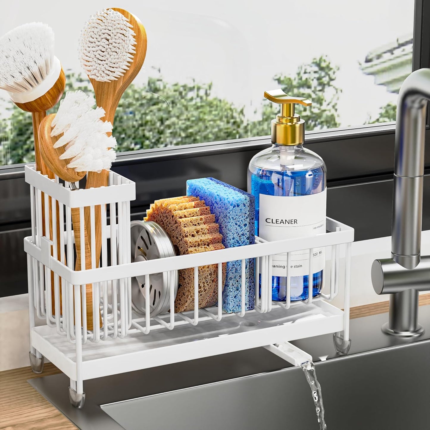 Cisily Sponge Holder for Kitchen Sink, Sink Caddy Organizer with High Brush Holder, Kitchen Countertop Organizers and Storage Essentials, Rustproof 304 Stainless Steel (Black, 9.25″)