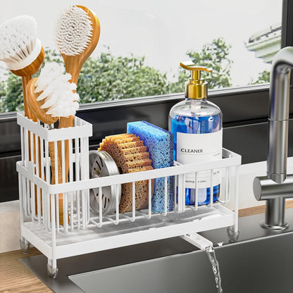 Cisily Sponge Holder for Kitchen Sink, Sink Caddy Organizer with High Brush Holder, Kitchen Countertop Organizers and Storage Essentials, Rustproof 304 Stainless Steel (Black, 9.25″)