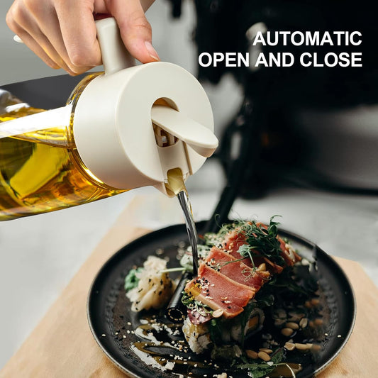 Olive Oil Dispenser Bottle for Kitchen with Leakproof and Dust Cover, Auto-Open & Close Glass Olive Oil Bottle with Non-Slip Bottom 600ml Cooking Oil and Vinegar Cruet Dispenser (Black)