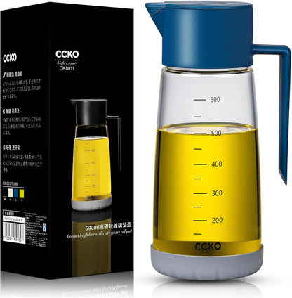 Olive Oil Dispenser Bottle for Kitchen with Leakproof and Dust Cover, Auto-Open & Close Glass Olive Oil Bottle with Non-Slip Bottom 600ml Cooking Oil and Vinegar Cruet Dispenser (Black)