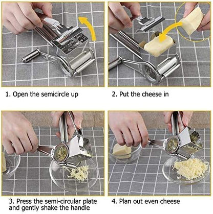 Rotary Hand Crank Cheese Grater, Stainless Steel Drum Shredder | Ergonomic handheld rotary grater shreds hard cheeses and vegetables, user-friendly for daily cooking and food preparation.