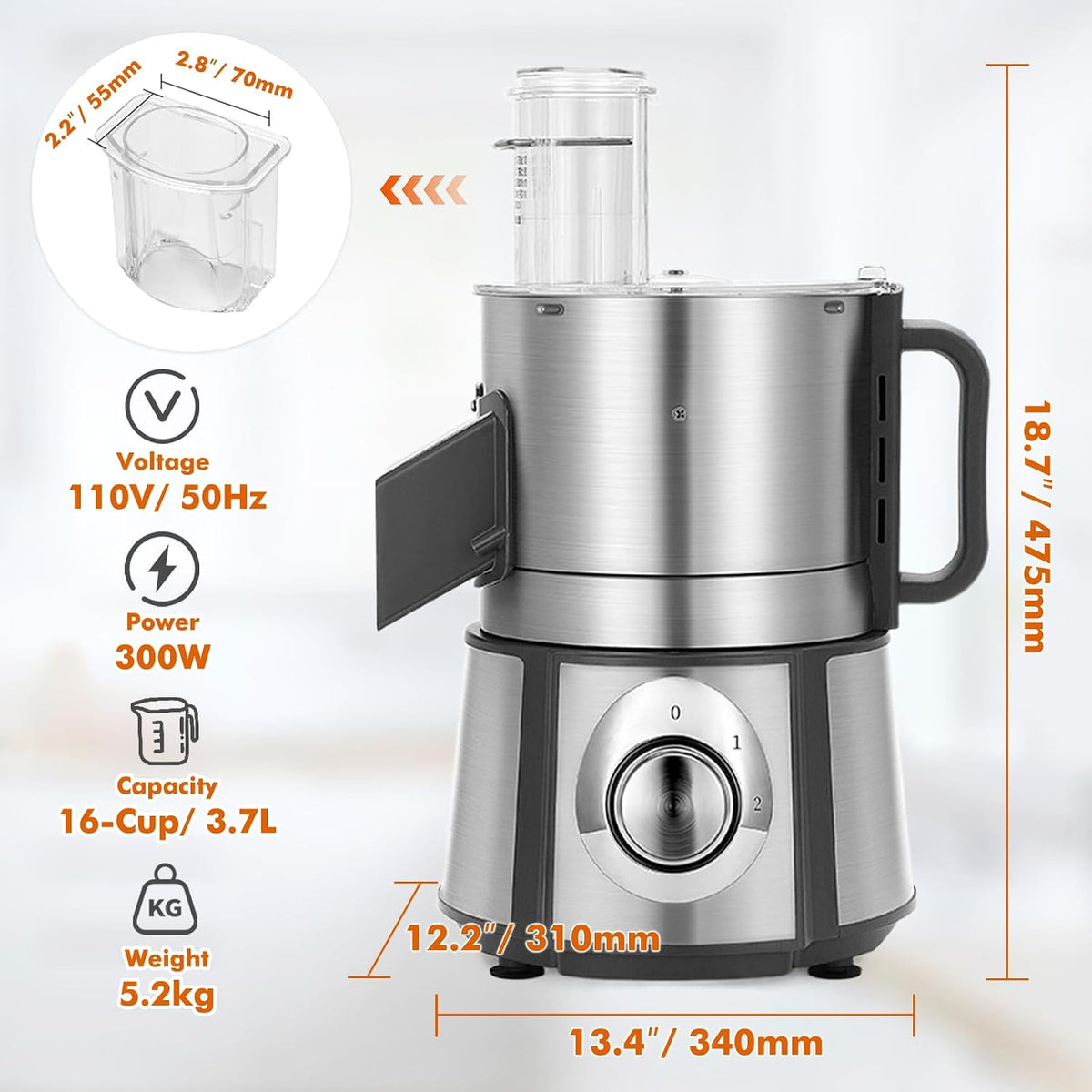 Electric Vegetable Dicer Stainless Steel Food Processor 16-Cup 300W Commercial Veggie Chopper Heavy Duty Fruits Cutter with 1/4" 3/8" 1/2" Blades Auto Discharge for Carrot Potato Onion