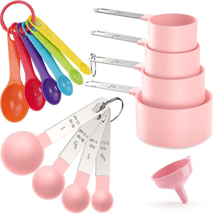 THLHKD 15 Pcs Measuring Cups and Spoons Set, Measuring Spoons Set with Stainless Steel Handles, Measure Spoon and Cup for Liquid & Dry Ingredients, Cute Pink & Colorful