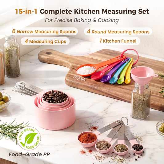 THLHKD 15 Pcs Measuring Cups and Spoons Set, Measuring Spoons Set with Stainless Steel Handles, Measure Spoon and Cup for Liquid & Dry Ingredients, Cute Pink & Colorful