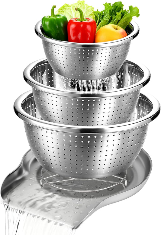 Stainless Steel Colander Set with Self-Draining Base, 3 Sizes Colanders & Food Strainers for Pasta, Rice, Fruits & Veggies, Metal Colander with Draining Plate for Sink or Countertop
