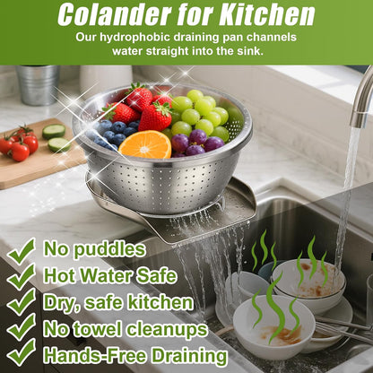 Stainless Steel Colander Set with Self-Draining Base, 3 Sizes Colanders & Food Strainers for Pasta, Rice, Fruits & Veggies, Metal Colander with Draining Plate for Sink or Countertop